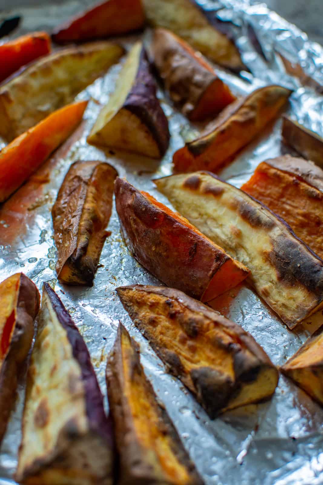 roasted sweet potatoes on a baking tray