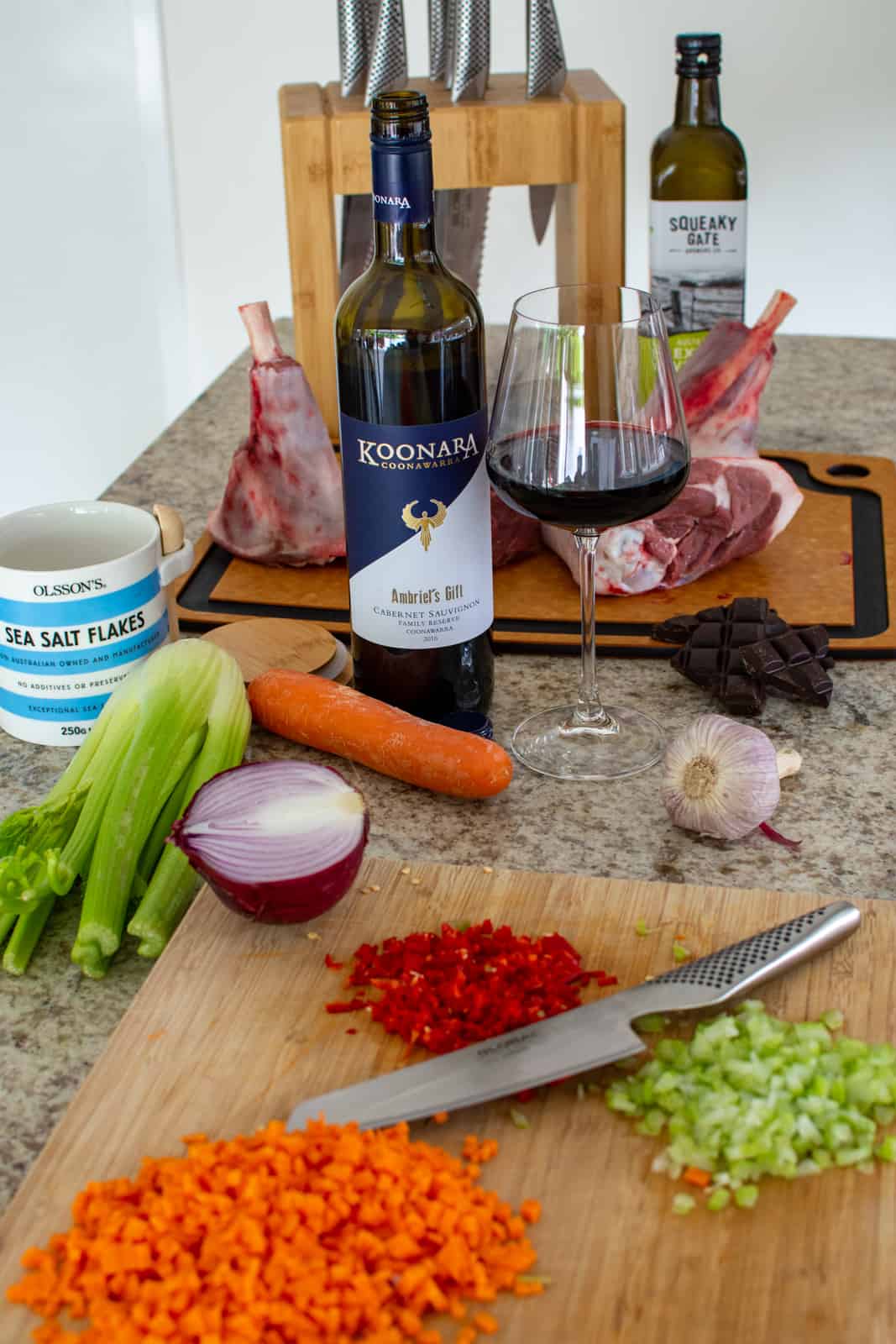 ingredients for braised lamb shank with chocolate chilli sauce