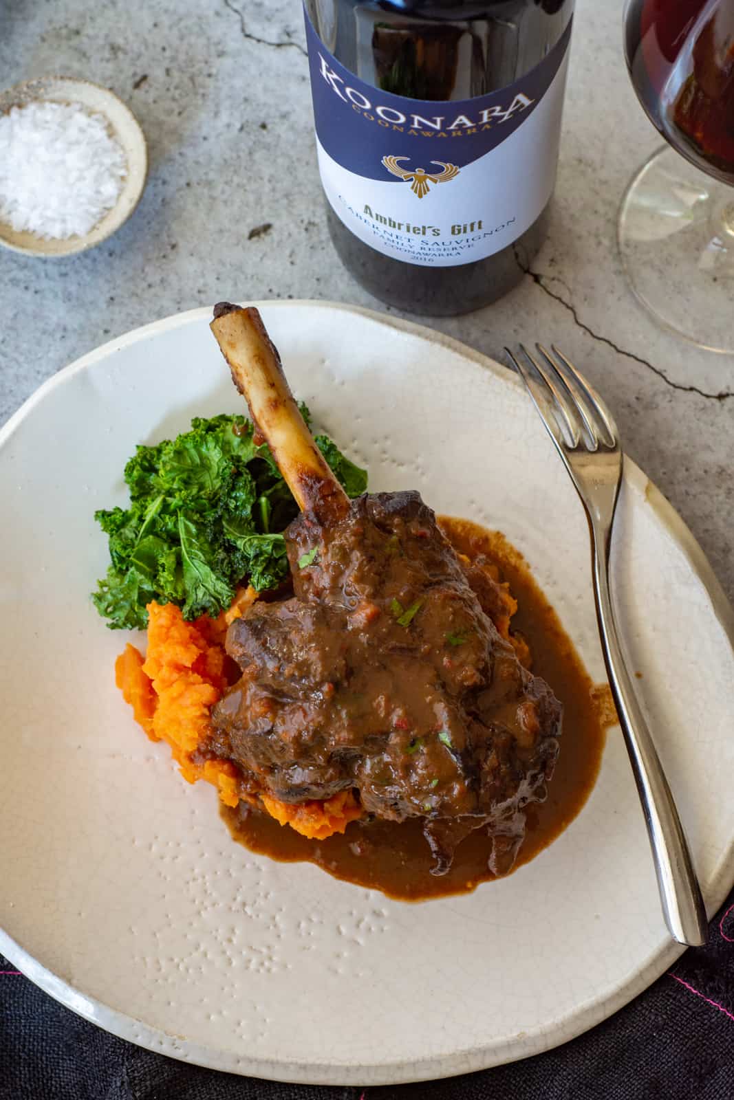 braised lamb shanks with sweet potato mash & kale. Koonara cabernet sauvignon