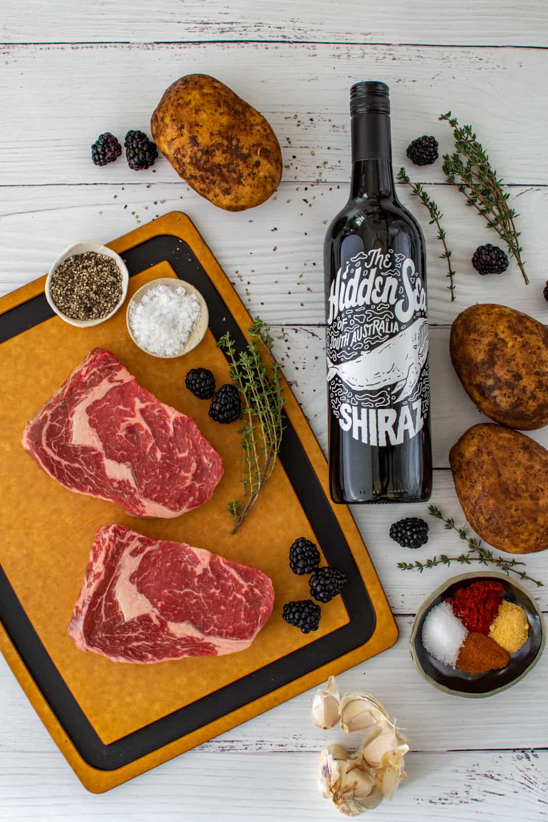 ingredients for scotch fillet and blackberry jus