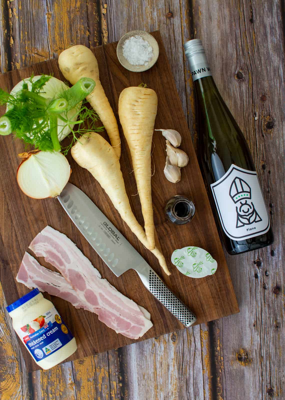 parsnip soup ingredients on a chopping board
