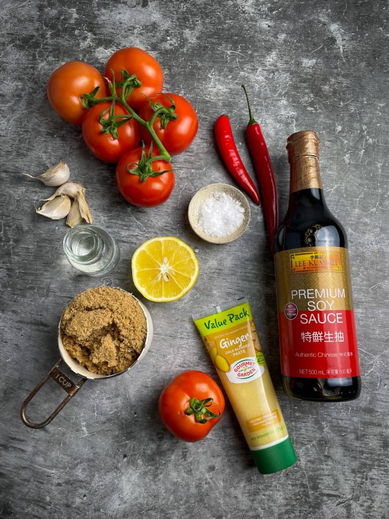 tomato chilli jam ingredients on a table top