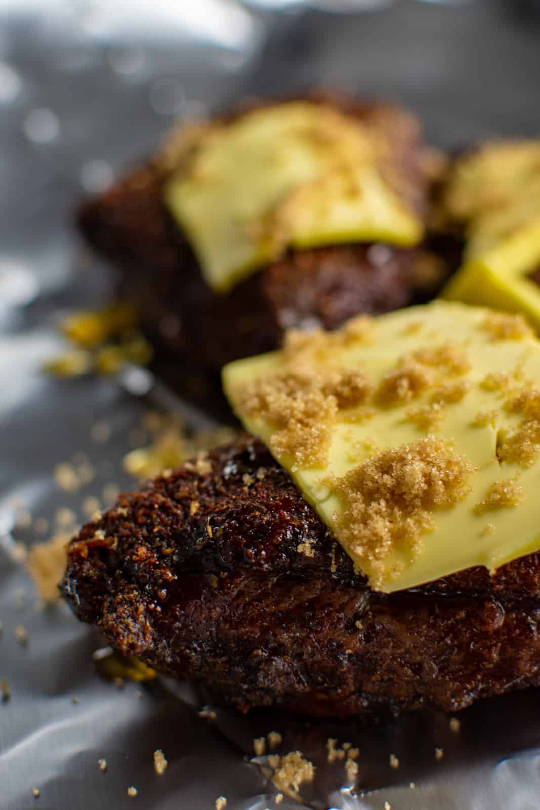 smoked beef cheeks topped with honey, butter and brown sugar