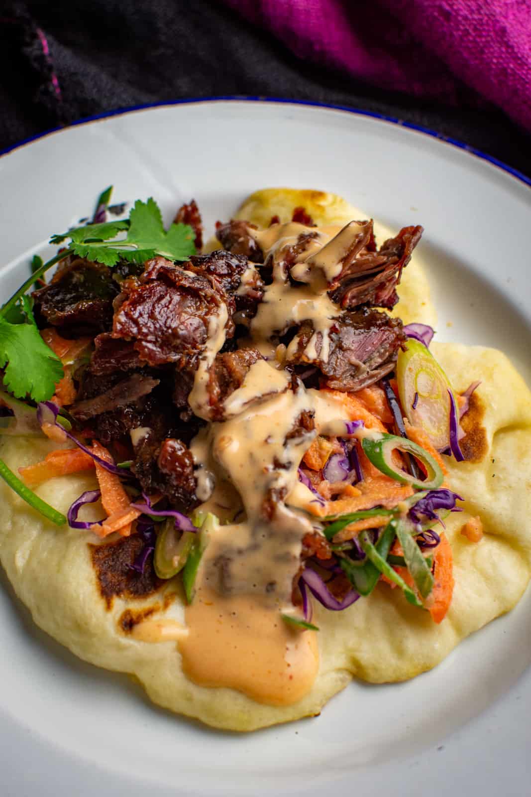 close up of smoked beef cheeks pita on a plate