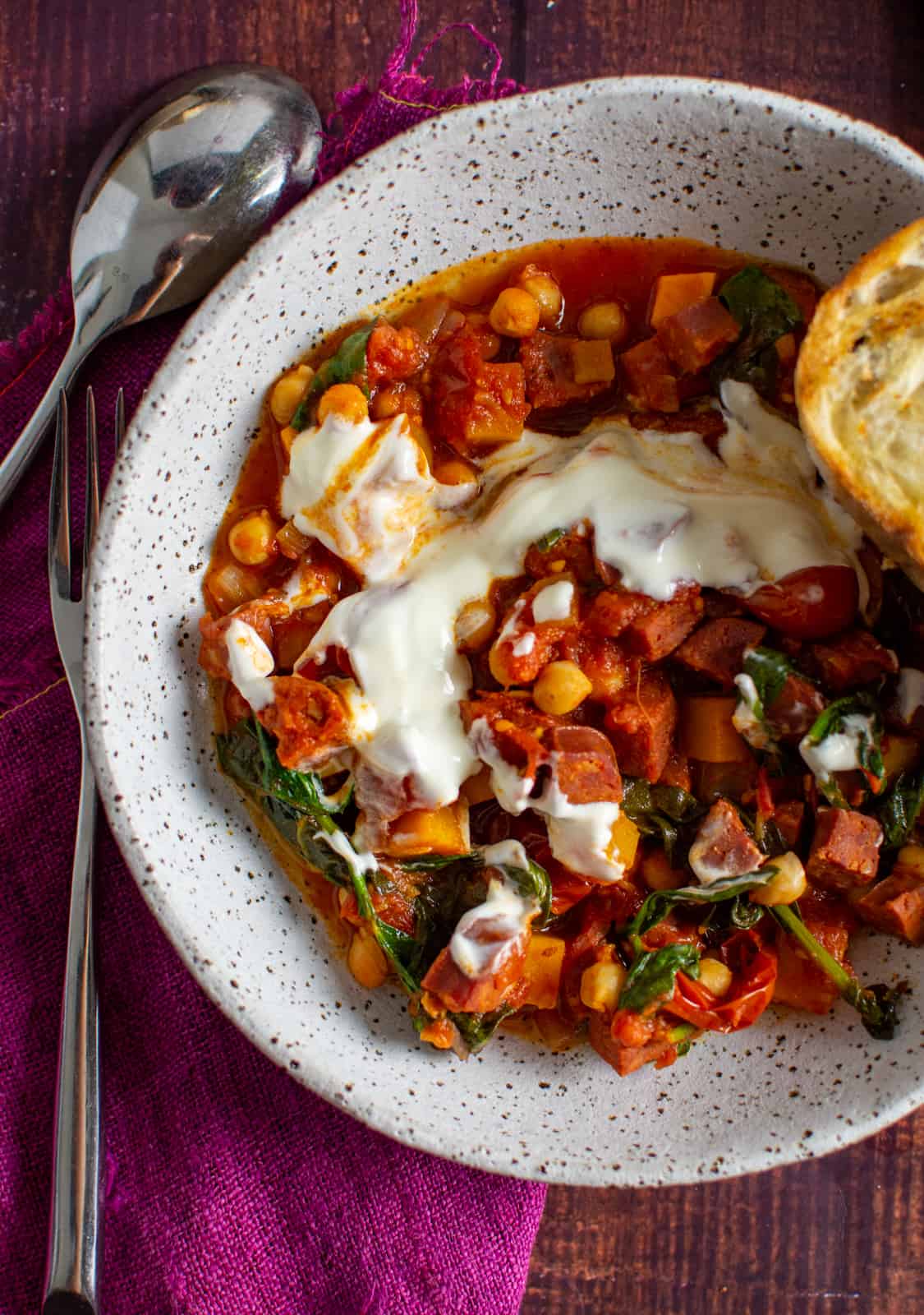 chorizo chickpea stew in a bowl 