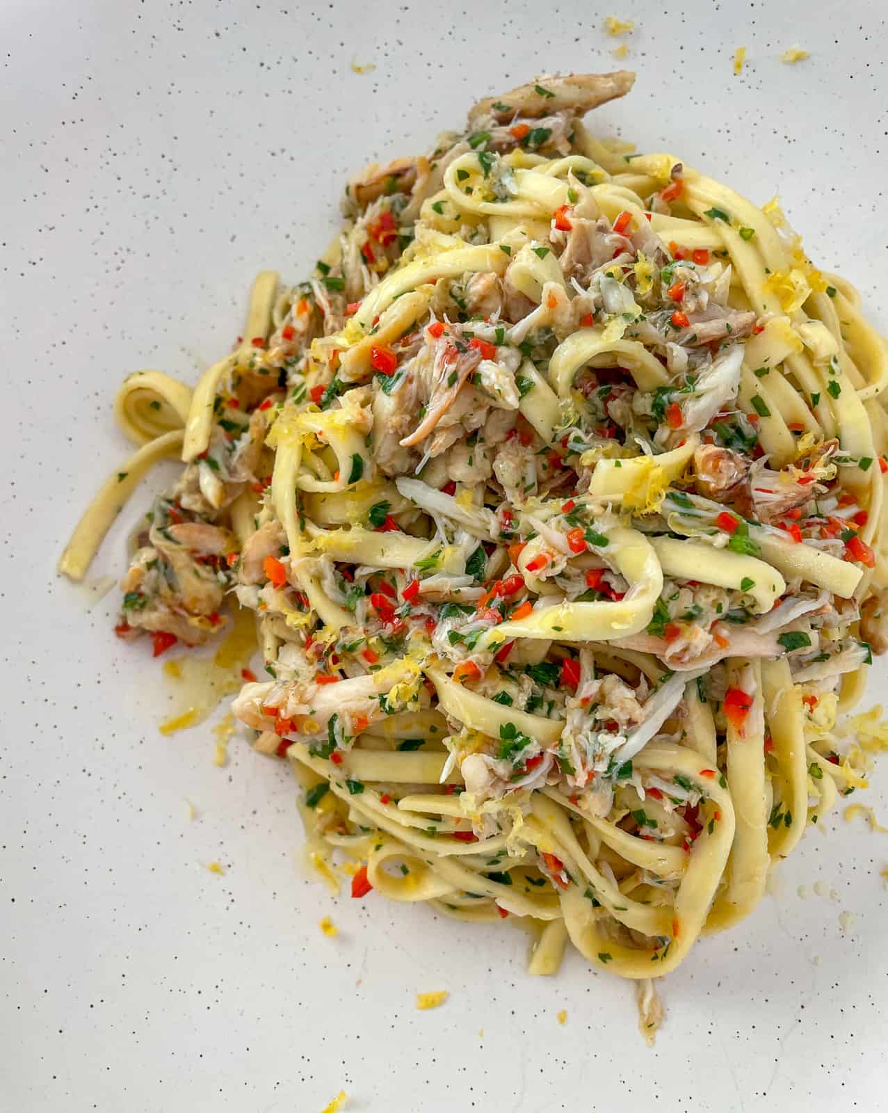 Close up of chilli crab pasta in a bowl