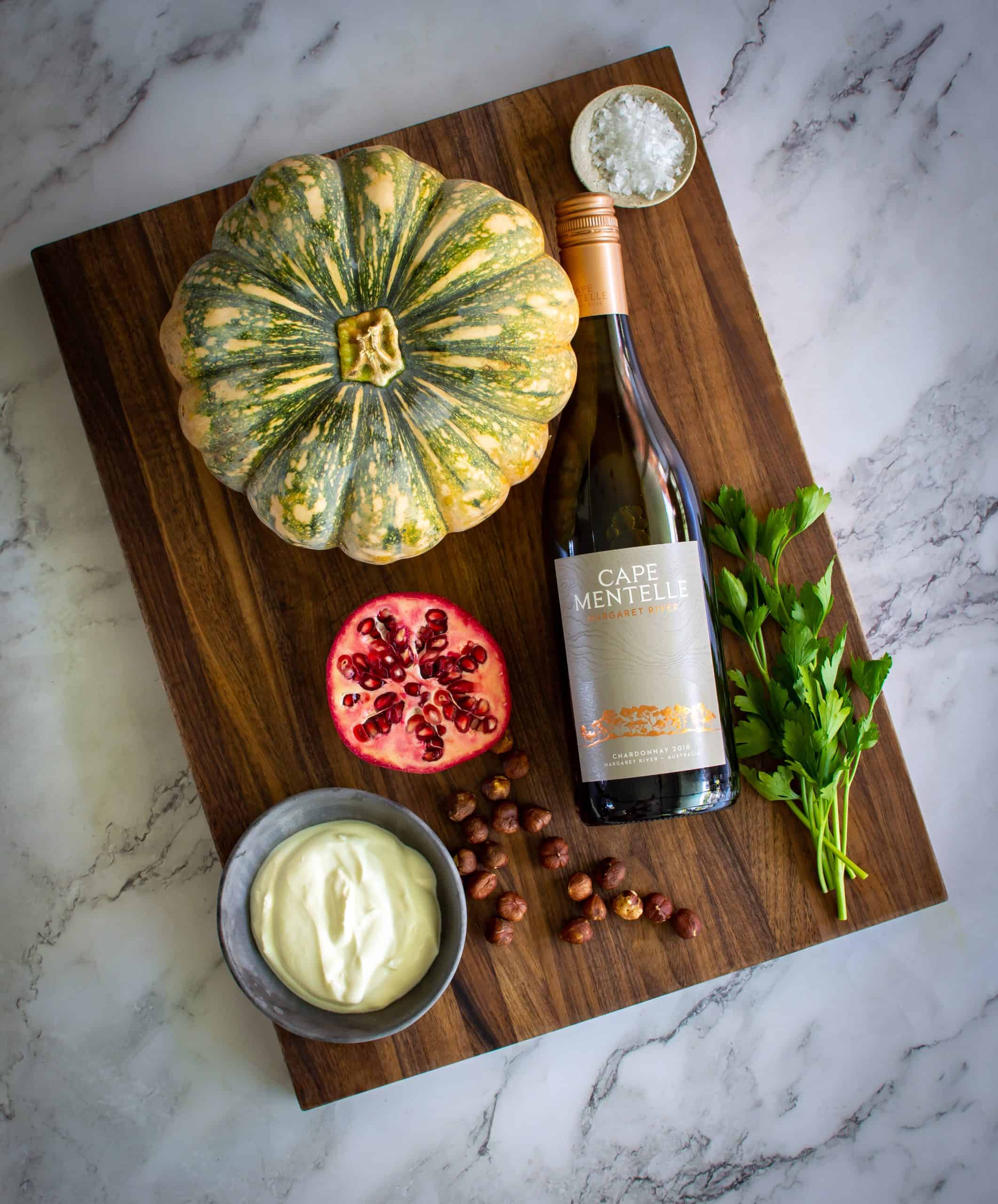 birdseye view of ingredients for sumac roasted pumpkin