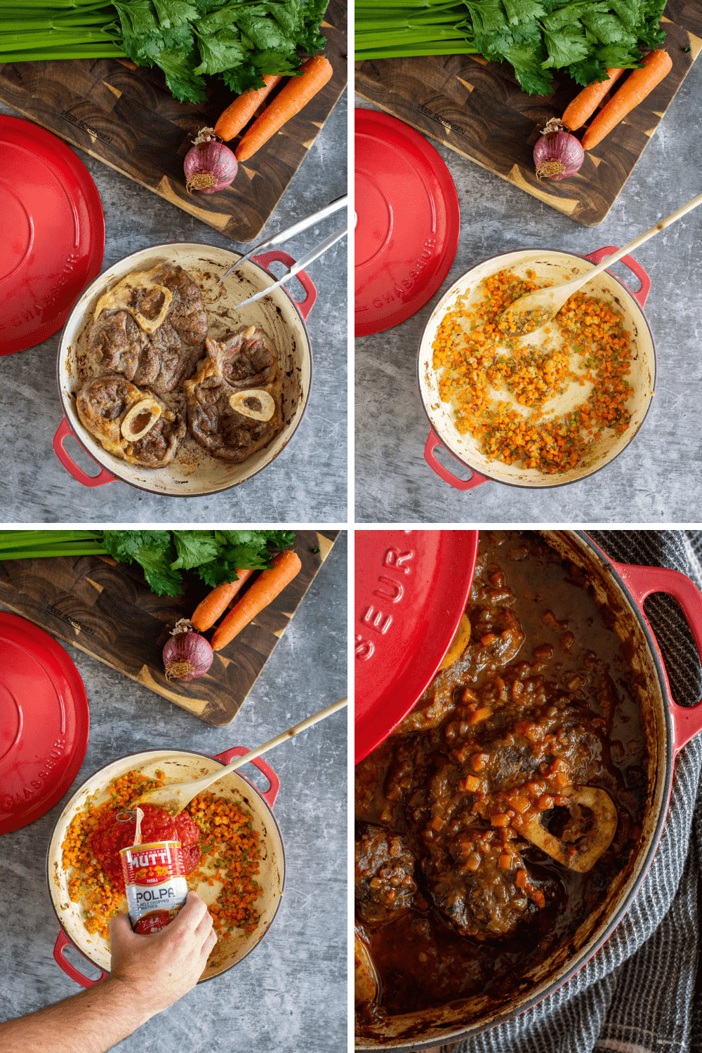 Step by step images of beef ossobuco being cooked