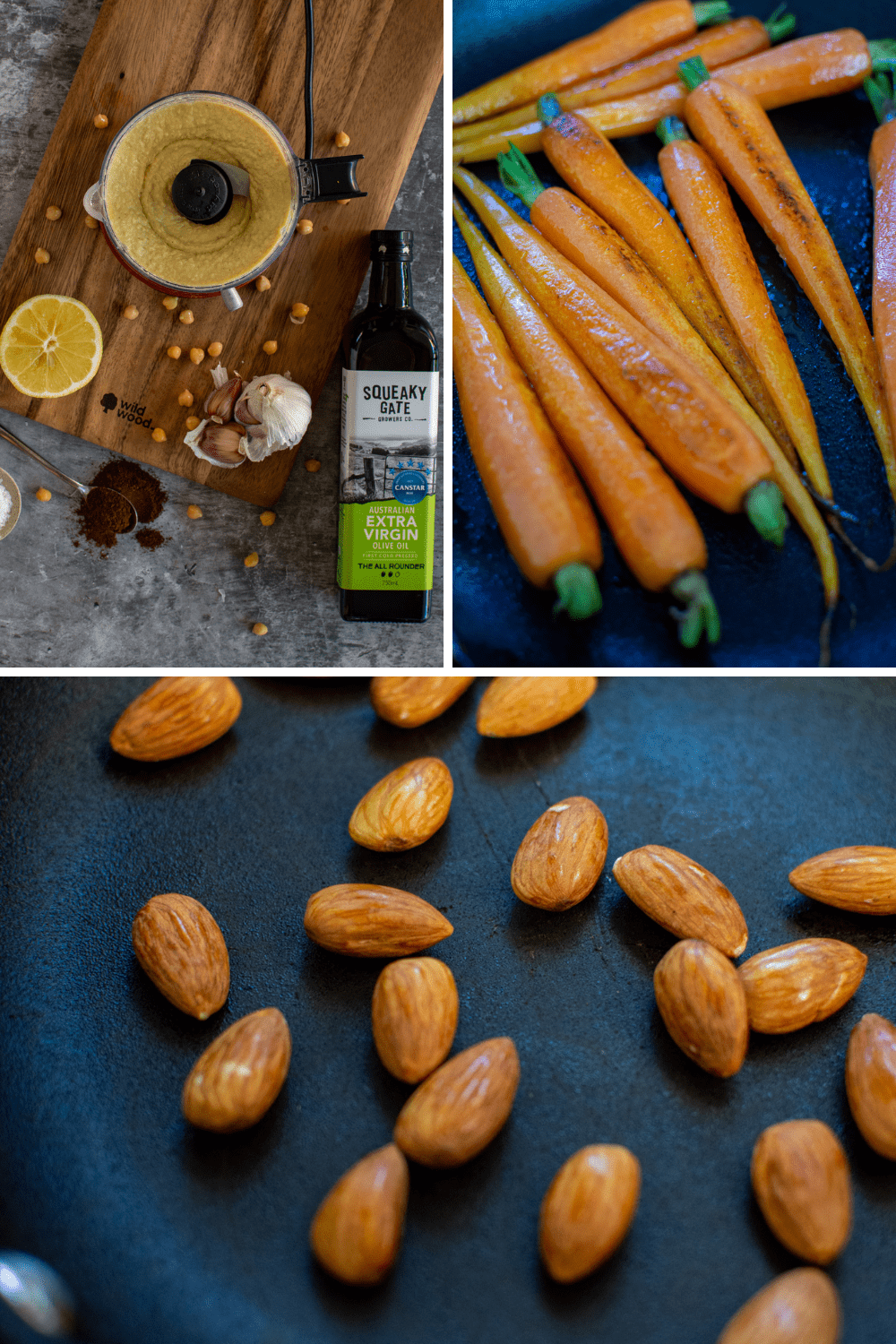 3 food images as one - almonds in fryng pan, hummus ingredients and carrots in frying pan