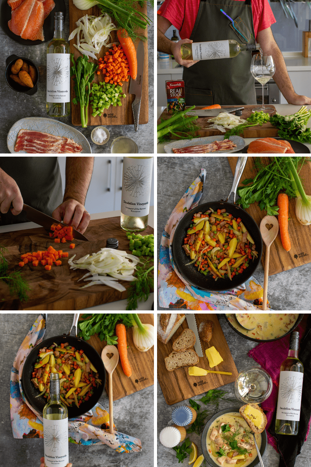 multiple images of the process of making salmon chowder