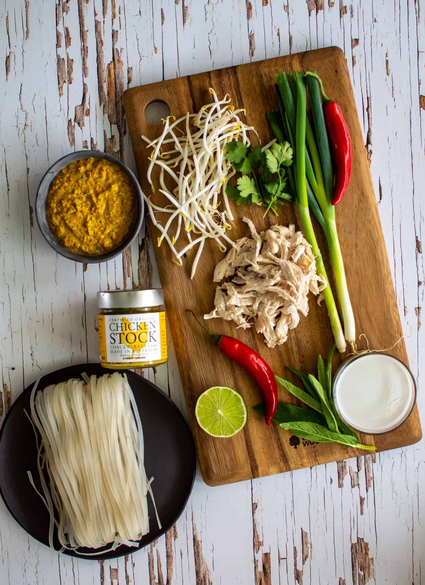 Birdseye view of ingredients used to make sarawak laksa