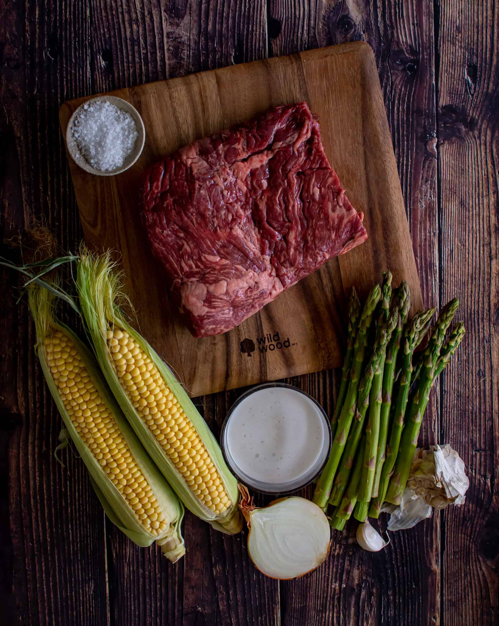 Birdseye view of ingredients needed to make the bavette steak and corn puree dish