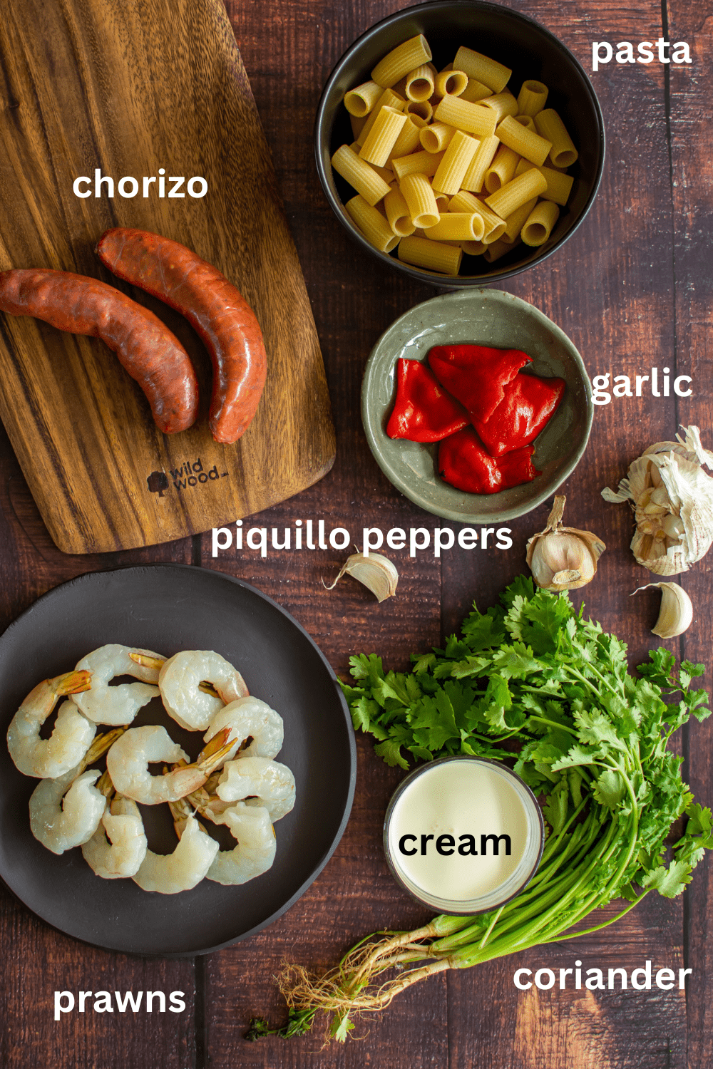 Ingredients needed to make prawn and chorizo pasta