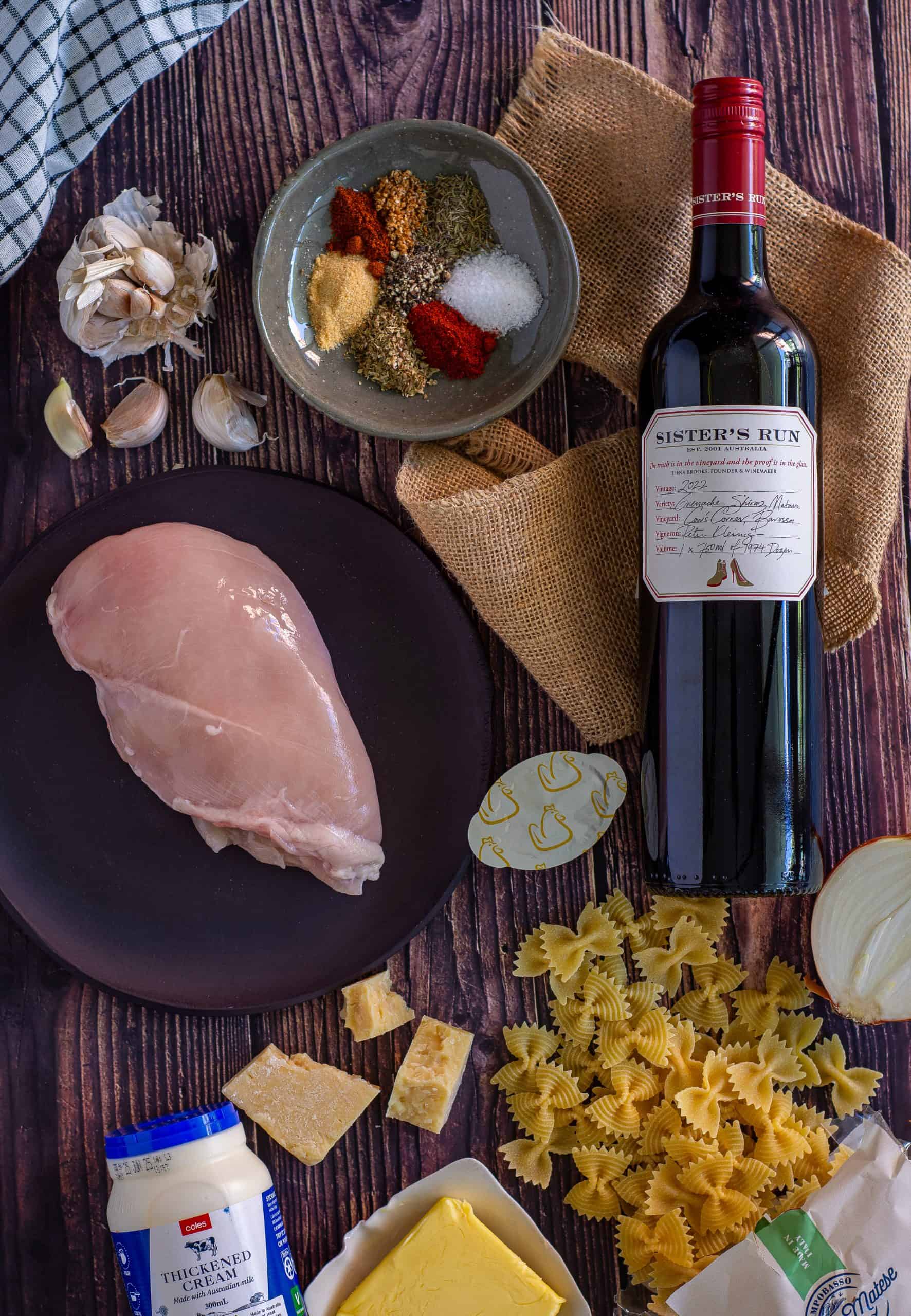 birdseye view of ingredients needed to make blackened chicken pasta